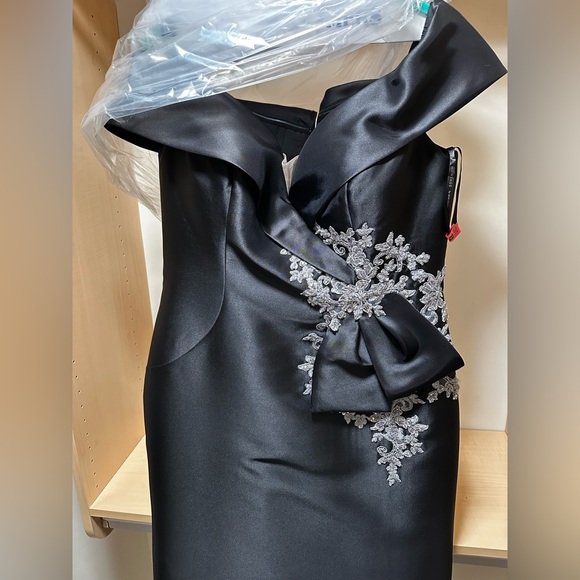 Mon Cheri Black and Silver Off the Shoulder Formal Gown - Picture 2 of 4